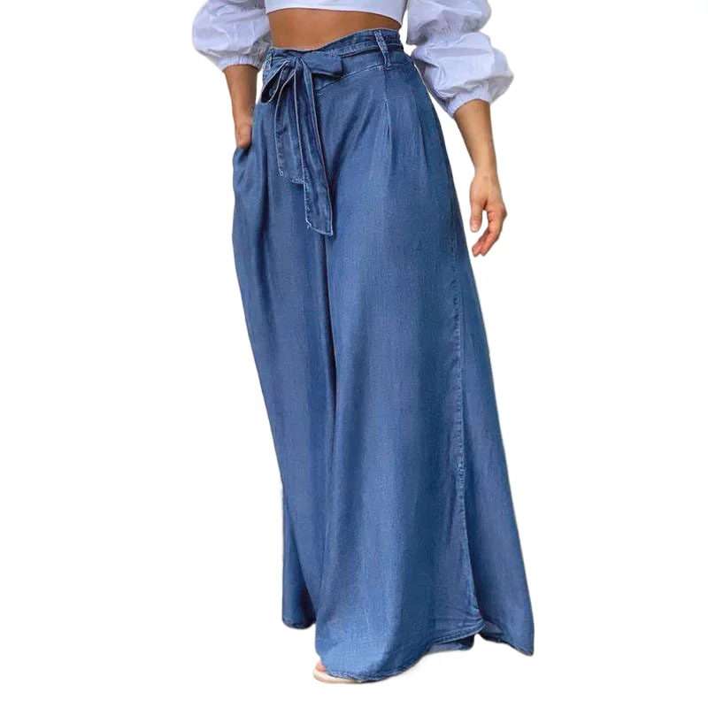 

Solid Color Elegant Lace-up High-waisted Wide-leg Pants. European and American Style New Summer Fashion Casual High Waist Jeans