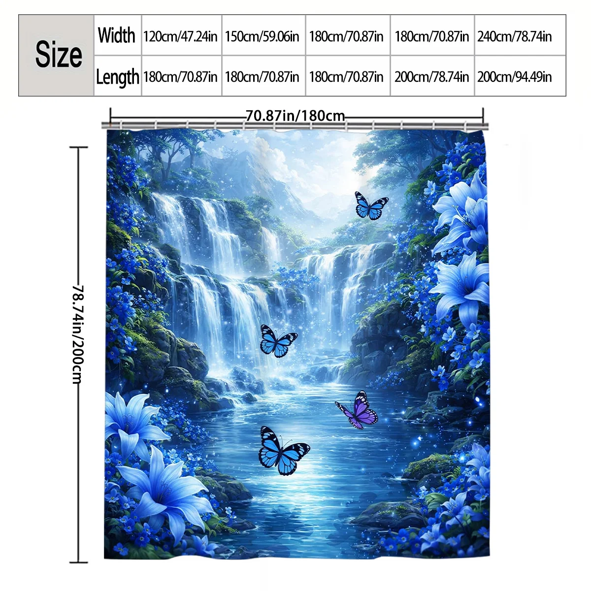 1pc Blue Waterfall and Butterfly Shower Curtain, Bathroom Decor, Multi-Size Options (120x180cm, 150x180cm, 180x180cm, 180x200cm,