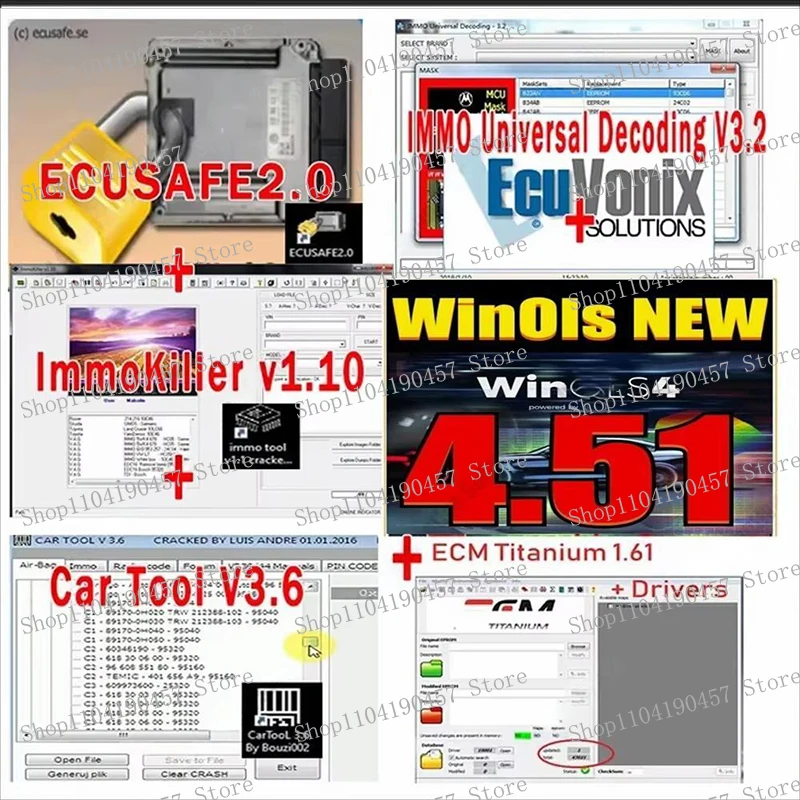 

ECUsafe 2.0 + Car Tool 3.6 Clear Airbag Immo Off+ ImmoKiller v1.1+ IMMO Universal Decoding V3.2 + Winols 4.51+ECM TITANIUM 1.61