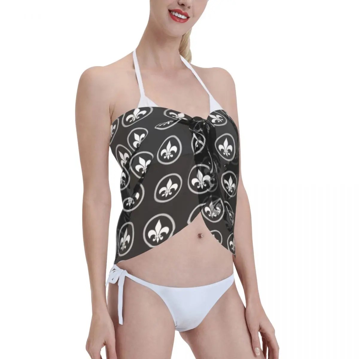Bikini de playa con patrón de flor de lis elegante personalizado, Bikini de playa, Falda corta, bufanda de gasa, cubre Ups para mujer