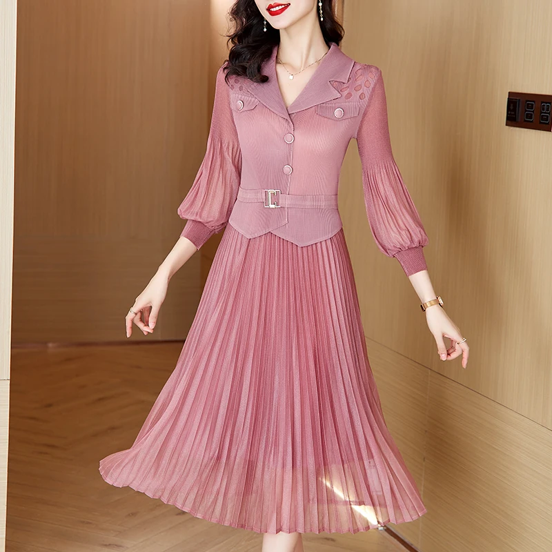 Sanzhai Folded 2024 Spring New Fashion Suit Collar Lantern Sleeves Hundred pleated Skirt Wrapped Waist for Slimming Magic Dress