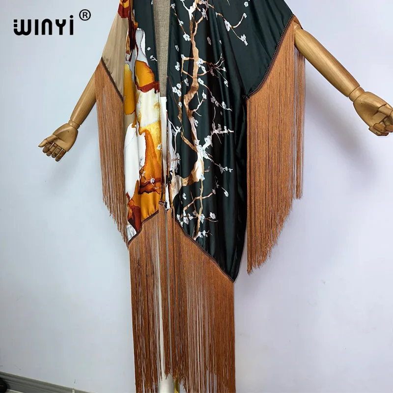 WINYI tassels kimono cover-up summer print Bikini Cover-up Elegant fashion Cardigan sexy Holiday long Sleeve tassels maxi dress