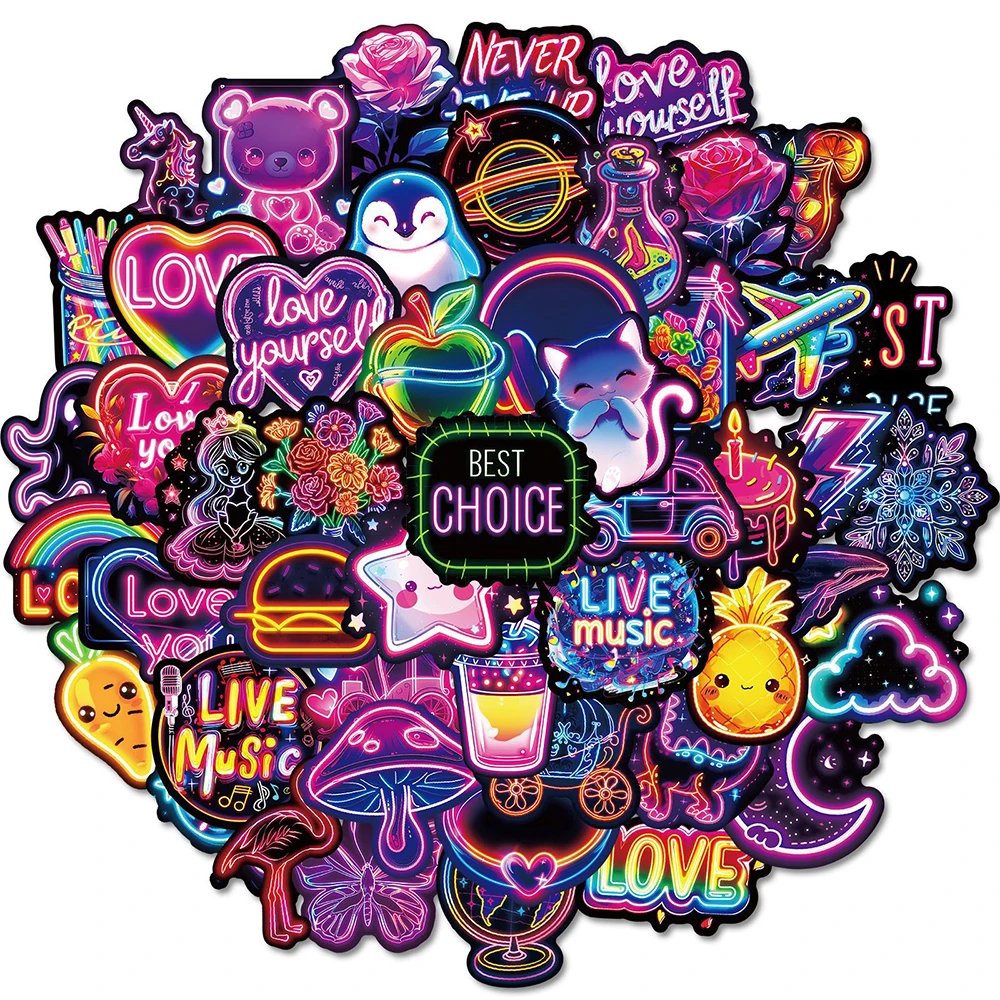 10/30/50 Stuks Cartoon Neon Licht Stickers Esthetische Graffiti Sticker Decoratie Skateboard Bagage Telefoon Waterdichte Stickers Verpakking