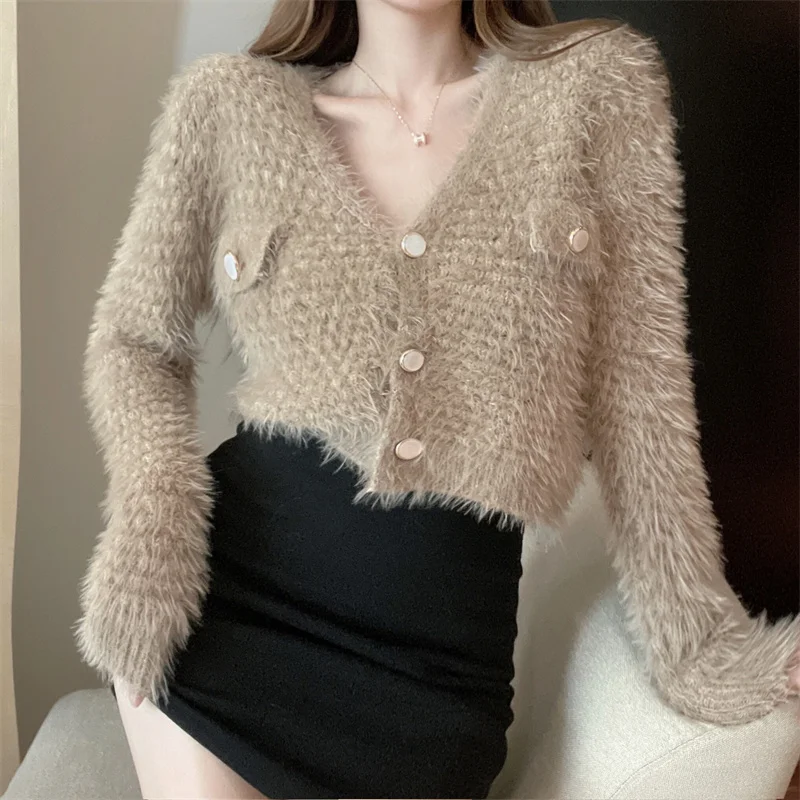 

Chic ort Knitted V-ne Long Sve Cardigan Women's Spring Autumn Pure Desire Sweet Spicy Sexy Soft Small Outerwear