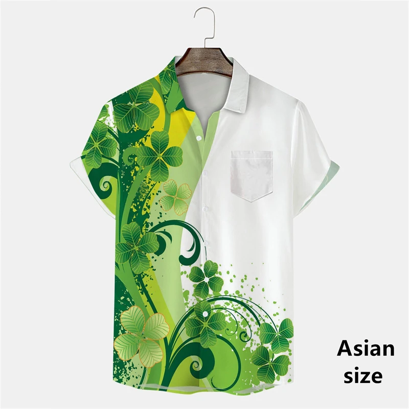 St. Patrick'S Day Mens Shirts New Sports Leisure Fashion 3D Green Clover Print Short Sleeve Shirts Men Hawaiian Festival Clothes