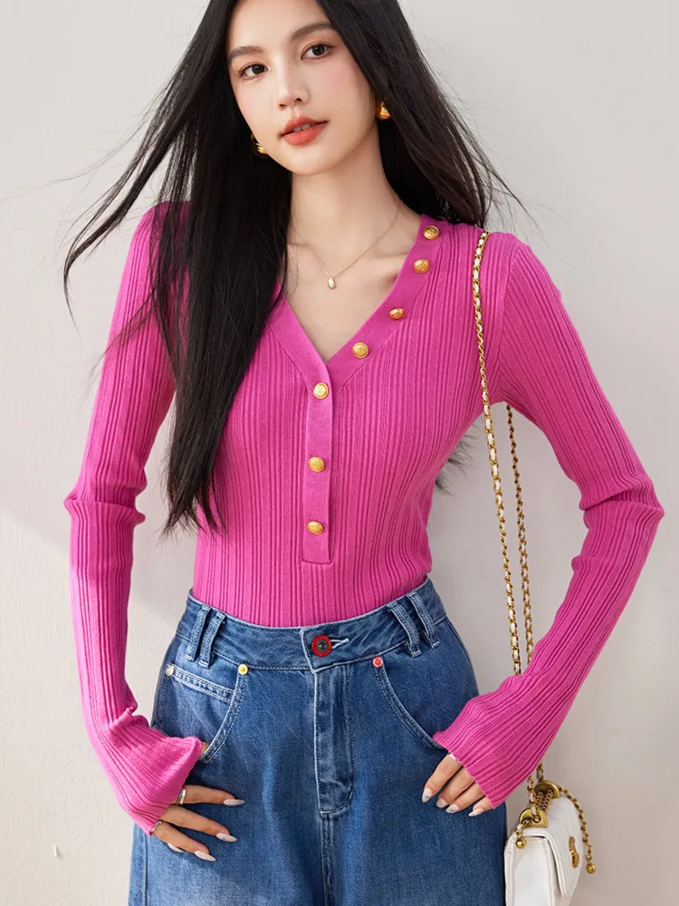 

2025 Autumn Winner French Fashion Buttons Pullover Sweater Women‘s Clothing Vintage Casual Tops Chic Basic Knitted Sweaters
