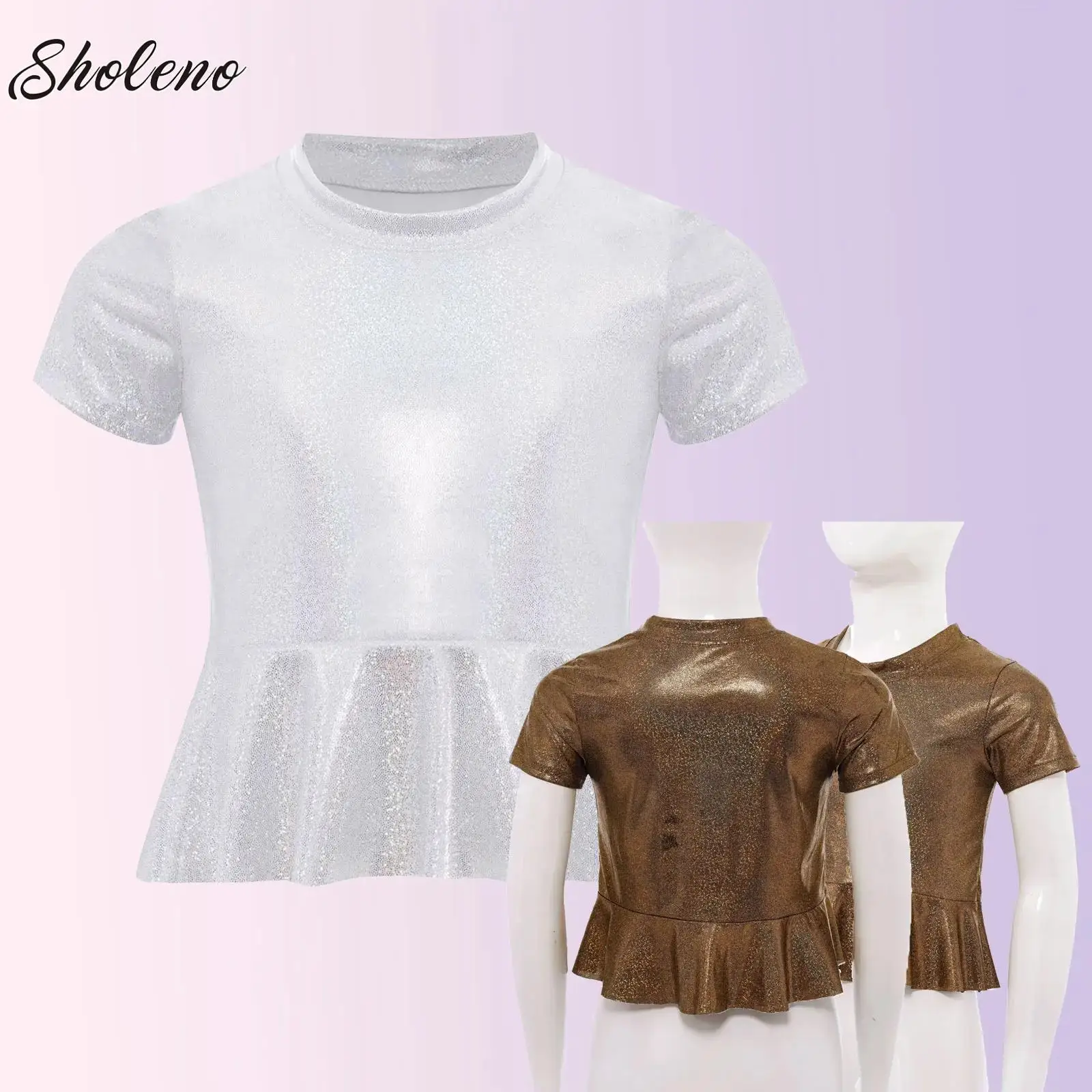 

Kids Girls Jazz Dance Tops Fashion Children's Stage Performance Clothes Metallic Crop Top Short Sleeve Peplum T-shirt Dancewear