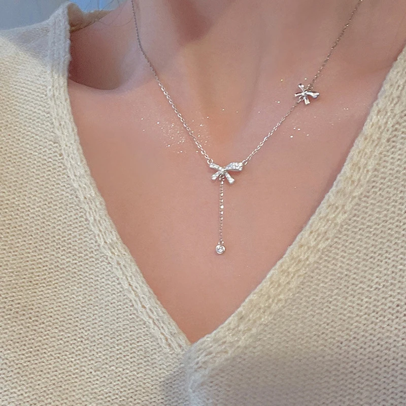 Fashion Zircon Bow Pendant Necklace For Women Exquisite Crystal Bowknot Tassel Clavicle Chain Necklace Jewelry Birthday Gifts