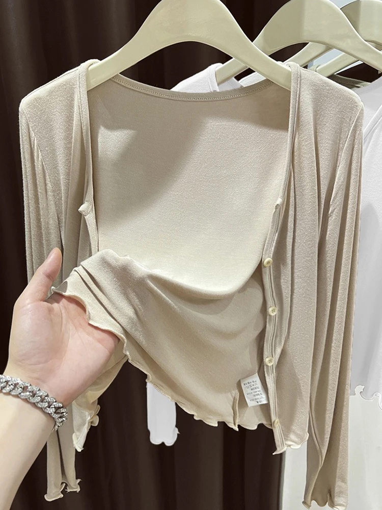 Women's Knitted Cardigan Summer Thin Modal Sun Protection Cover up Top with Strap Dress Outerwear Ultra Elastic Short Coat