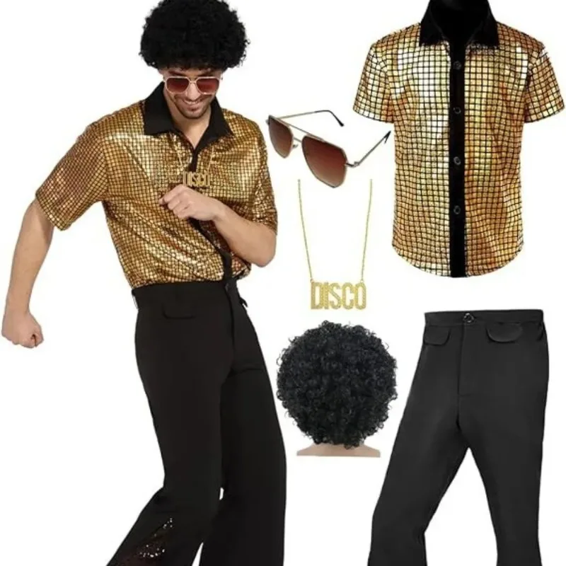 

Mens 70s Disco Costume Set Shiny Shirt Bell Bottom Pants Retro Halloween Party Outfit Groovy Vintage Bold Dance Ready
