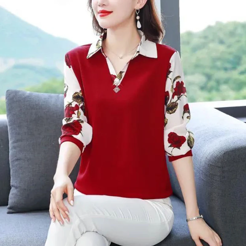 Spring and Autumn Elegant Fashion Shirt Women Trendy Vintage New Basic Office Lady Patchwork Long Sleeve Floral V Neck Slim Top