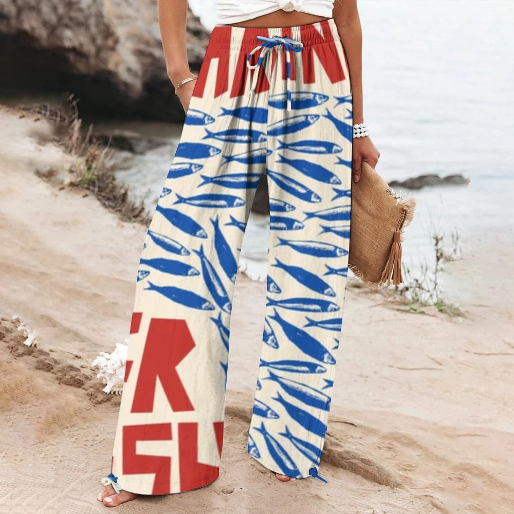 Women's Cotton Casual Straight-Leg Pants Pocket Design Loose Drawstring Strap Wide-Leg Pants Sardine Graffiti Beach Pants Chic