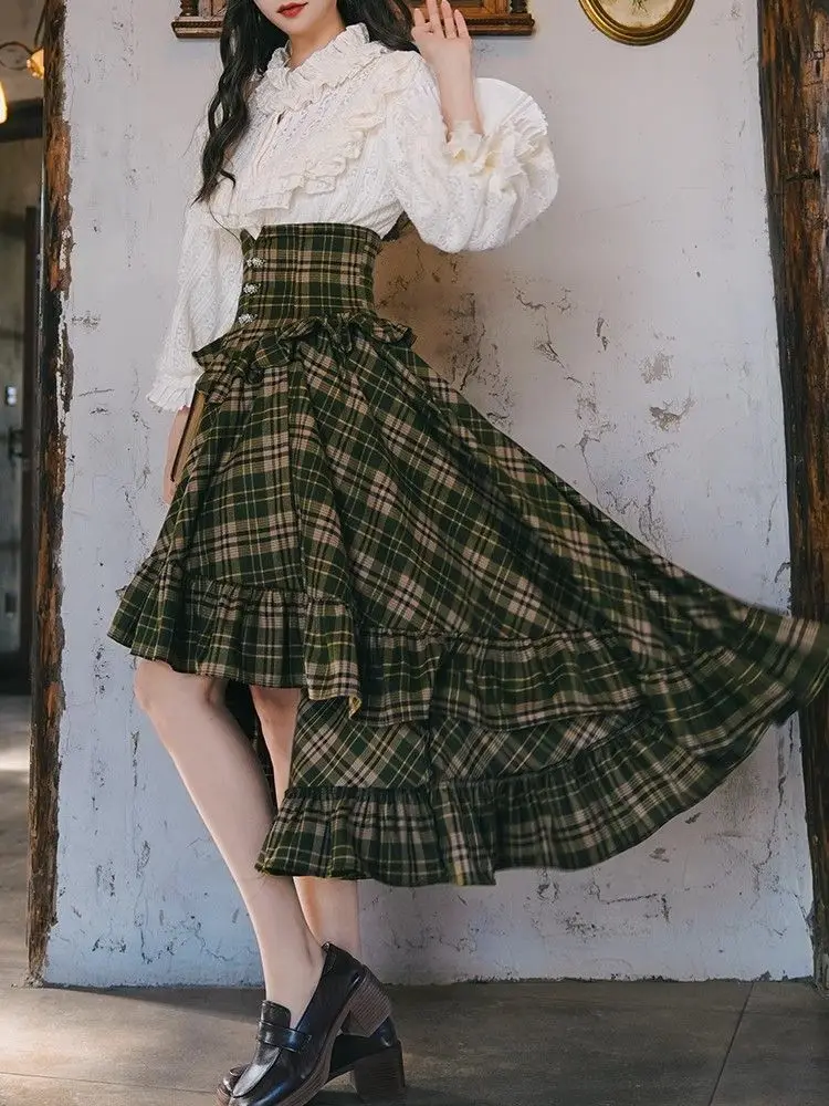 

Palace Style Lace Ruffles Lantern Sleeve Light Apricot Shirt Victorian Retro Plaid High Waist Dovetail Skirt Two-piece Skirt Set