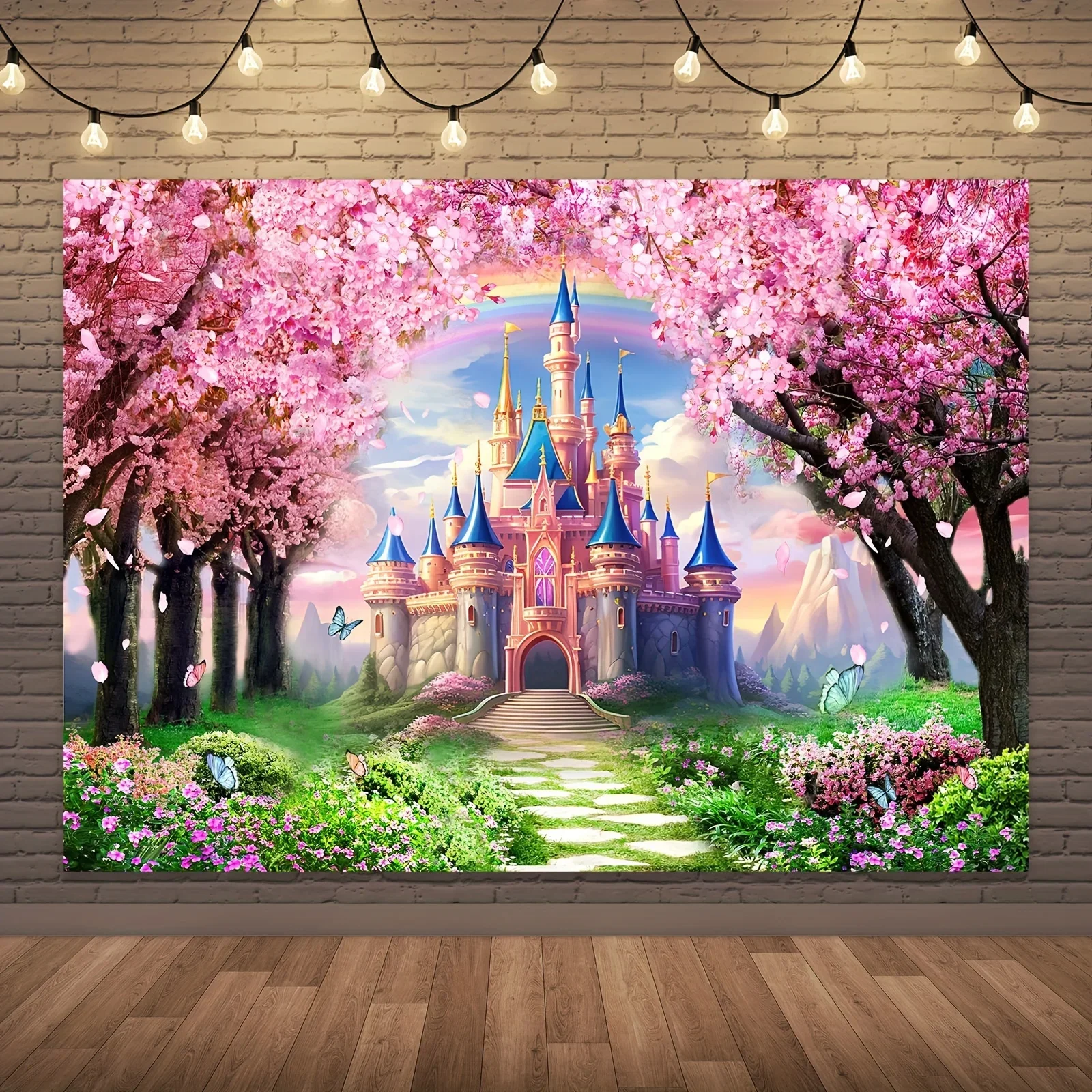 Charming fairy tale castle background with pink cherry blossoms and rainbow - perfect for wedding, princess party photography