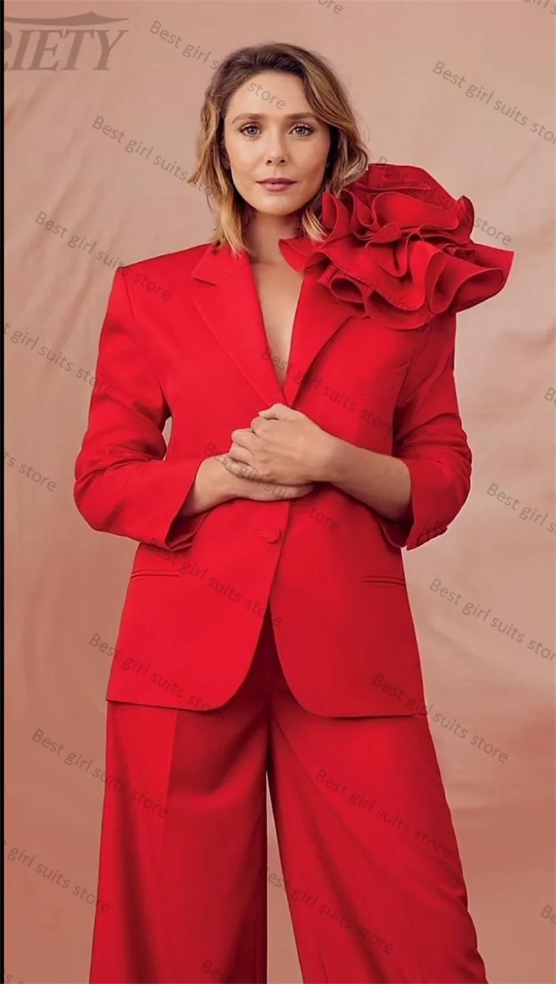 Red Formal Women Suit Set 2 Piece Blazer+Pants 3D Flower Office Lady Cotton Jacket Customized Autumn Spring Coat Prom Trousers