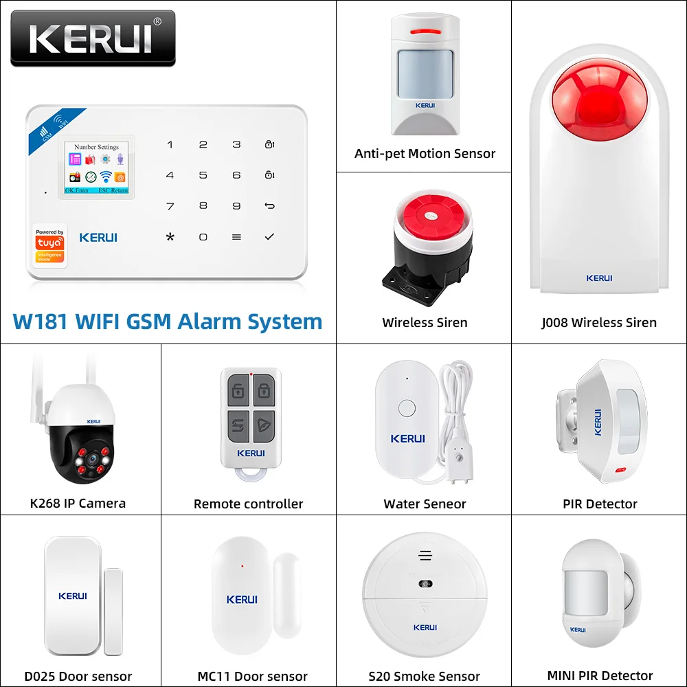 KERUI W181 Panel systemu alarmowego WIFI GSM Alarm dla domu Bezprzewodowa obsługa Alexa Tuya Inteligentna kontrola aplikacji z syreną z czujnikiem ruchu