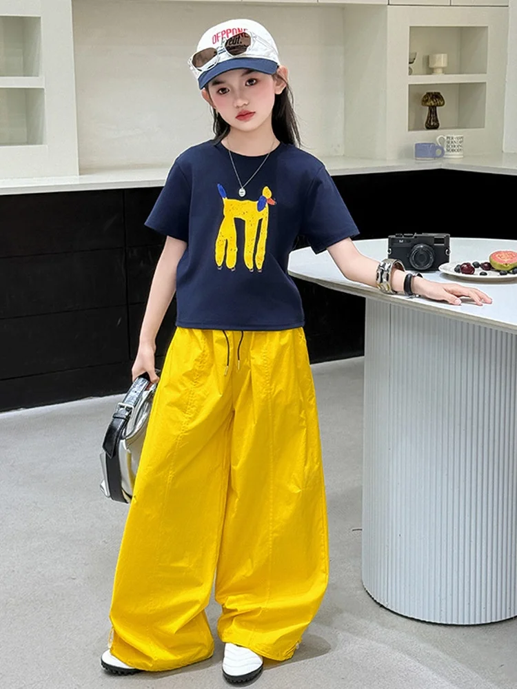 

Летний комплект для девочек: футболка с коротким рукавом и повседневные брюки, двухсоставный костюм, детская модная одежда, хлопковые длинные брюки