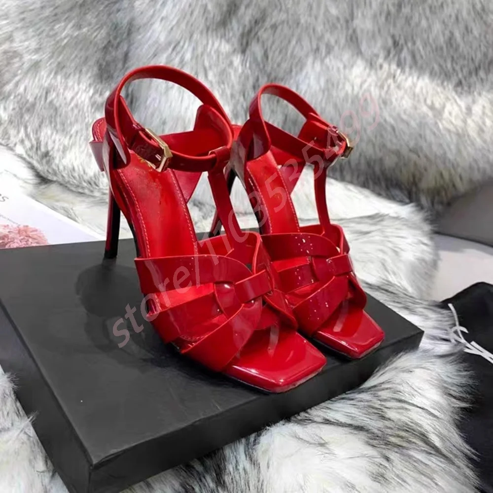 

Patent Leather Sexy Ladies Buckle Wedding Shoes 2025 Summer New Open Toe Catwalk Stiletto Fashion Party Casual Roman Sandals