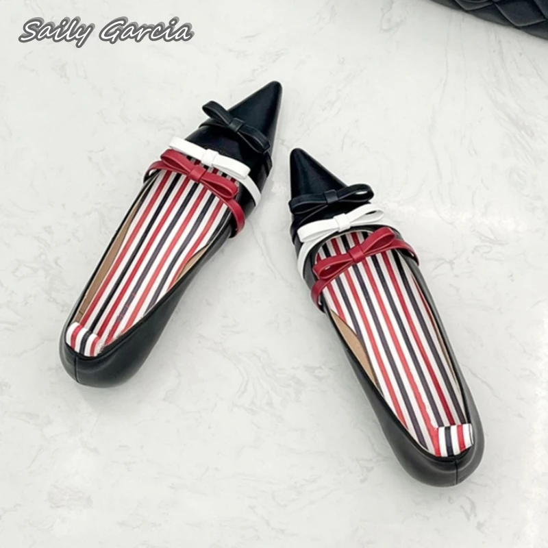 Pointed Toe Butterfly Knot Hollow Shallow Flats 2024 Summer New Fashion Slip On Casual Shoes Mixed Color Women Work Shoes