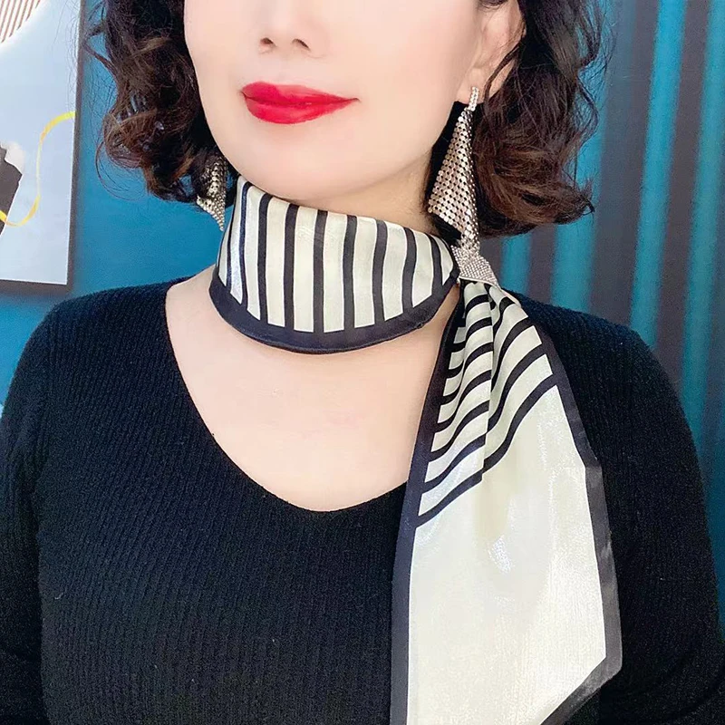 

Female Silk Scarf with Rhinestone Buckle Multi-way Thin Sarong Neck Scarf Breeze Yarn Versatile Fashion Temperament Stripe