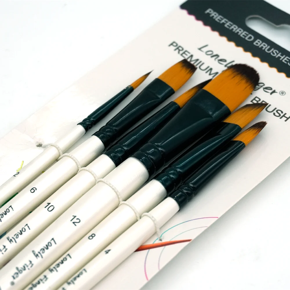 Mixed Shape Artist Brushes Set of 6, Round Flat Angled Filbert Nylon Paint Brushes White Wood Handle Art Supplies