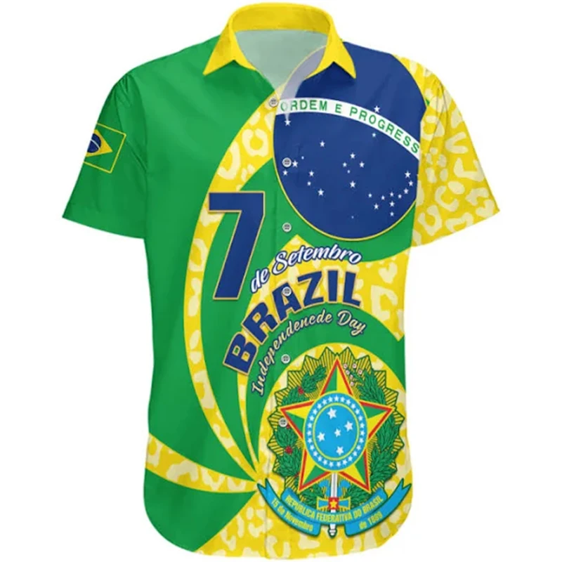 Braziliaanse Vlag 3d Bedrukte Shirts Voor Mannen Kleding Casual Braziliaanse Nationale Embleem Grafische Korte Mouw Hawaii Sport Revers Blouse