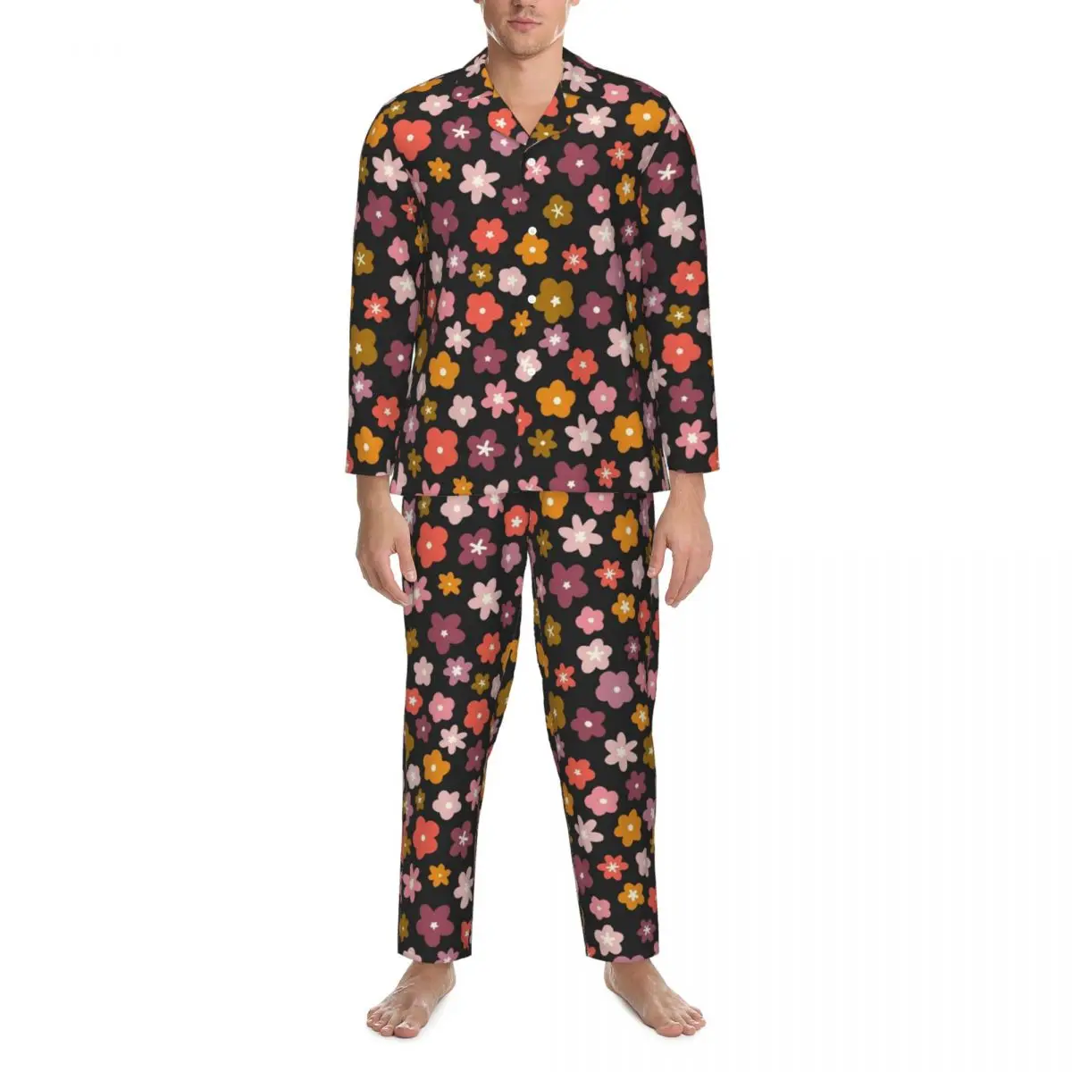 Ditsy Floral Pajamas Set Autumn Colorful Flowers Lovely Night Sleepwear Men 2 Pieces Aesthetic Oversize Graphic Nightwear Gift