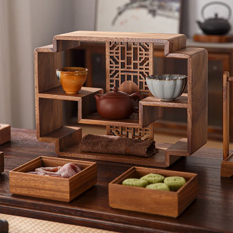 Walnut Storage Rack Small Desktop Tea Cup Bogu Rack New Chinoiserie Tea Room Coffee Table Storage Cup Holder Display Rack Tea Shelf Storage Rack Small Bogu Rack Art Tea Set Display Rack Tea Room Ornaments Bamboo Tea Display Cabinet