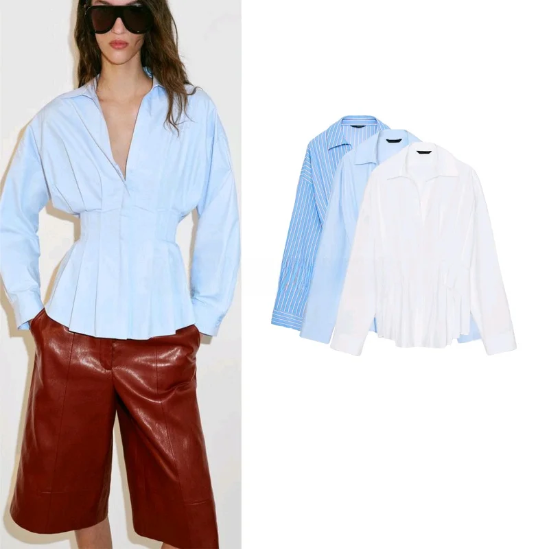 

Spring Summer New Women's Long Sleeve Pleated Decorative Shirt Casual Loose Polyester Fiber Anti-deformation Breathable
