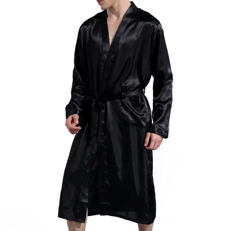 Men Solid Color Silk Satin Bathrobe Homewear Long Robe Pajama Man Silk Nightgown Sleepwear Kimono Homme Loungewear Dressing Gown