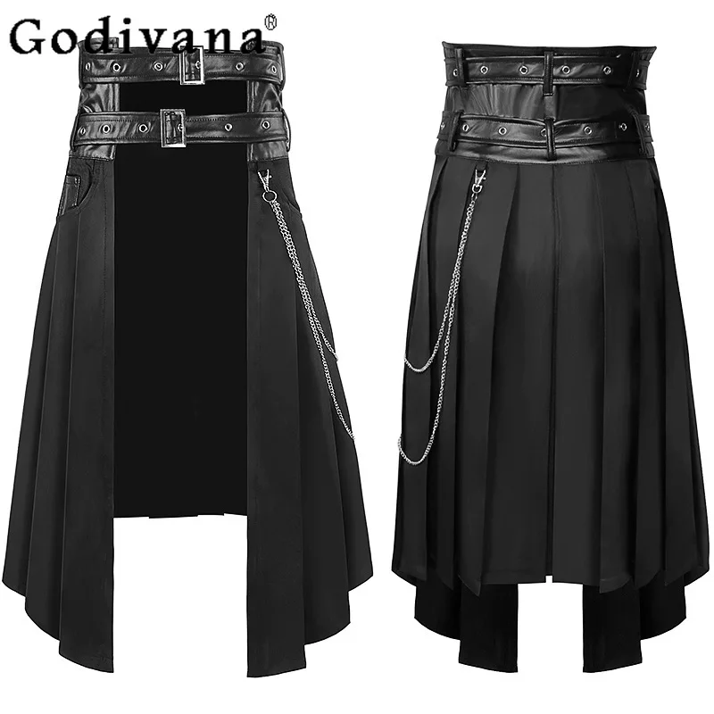 

Large Size European American Gothic Chain Pleated Dark Personality Cos Skirt Handsome Girl Fashion Punk Rock Band Leather Skirts