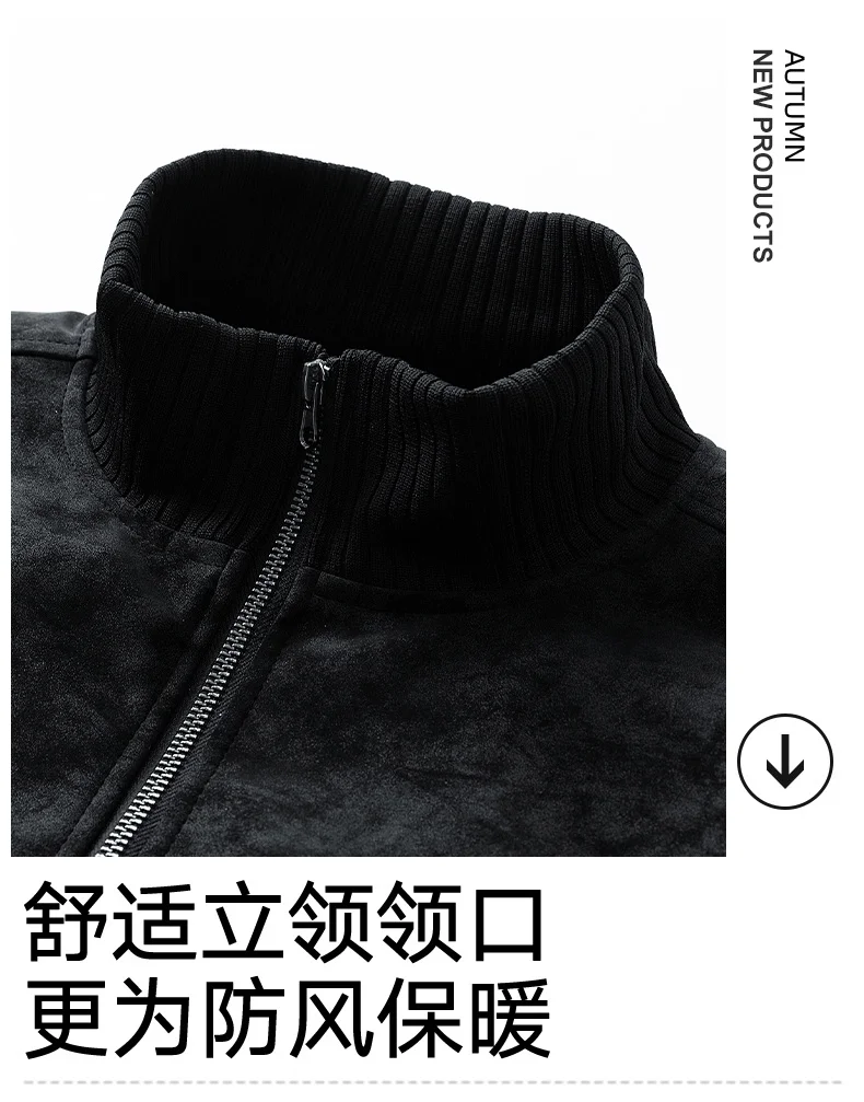 Men Casual Winter Faux Suede Bomber Jacket Stand Collar Parkas Motorcycle Coa Zip Up Warm Thickened Outerwear Fashion 28518