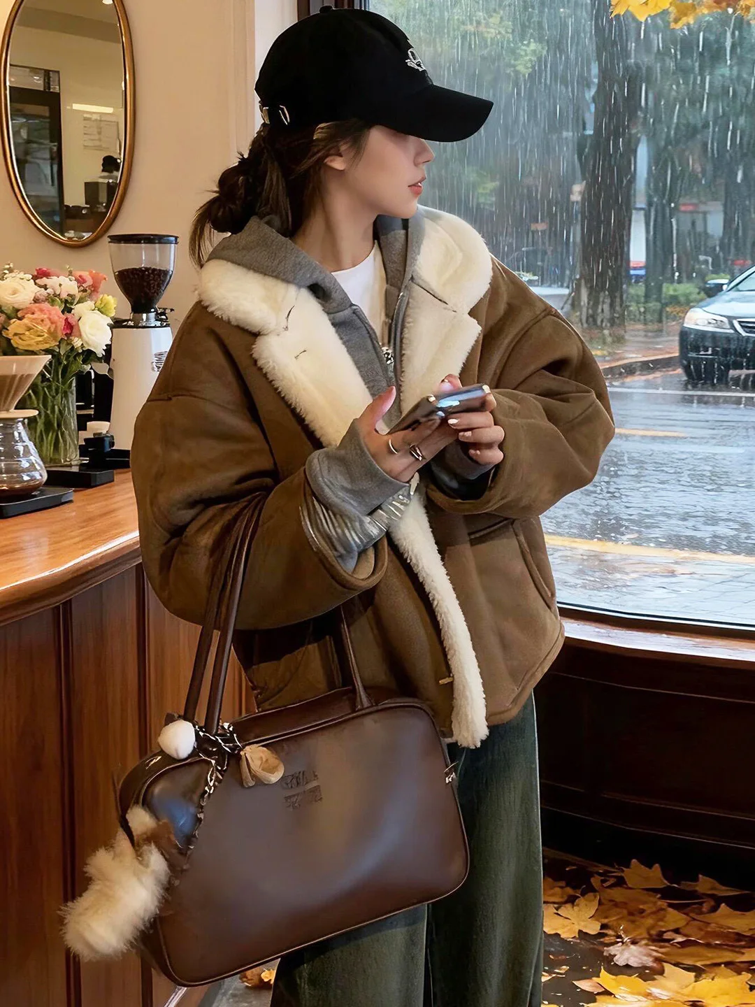 

Eco-Friendly Lamb Fur Jaet Women's Inteated Leather And Fur Autumn Winter Outerwear round Ne ort Sle Commute Faion