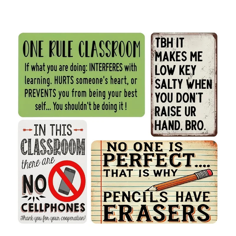 4pcs Vintage Classroom Theme Metal Signs Set, One Rule Classroom/No Cellphones/No One Is Perfect/Raise Your Hand Wall Art