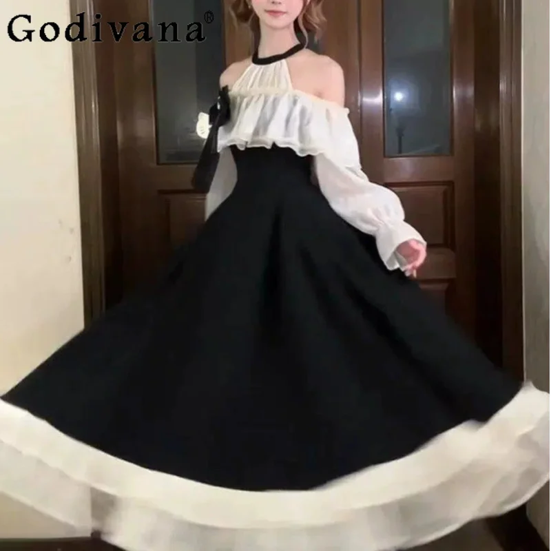 Elegant Lolita Long Sleeve Sweet Bow Princess Halter Neck Dress Fashion Age Reduction High Waist A-line Japanese Lolita Dresses