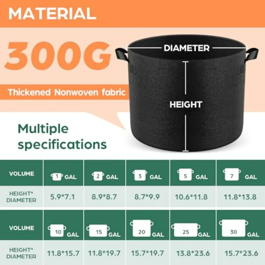 10 Pack 25 Gallon Grow Bags for Tomato Potato Vegetable Gardening, Thickened Nonwoven Fabric, Black, Heavy Duty 300G with Handl