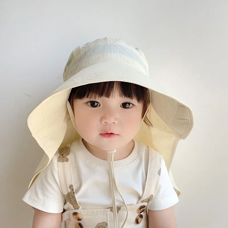 

Quick-Dry Sun Cap for Kids Summer Big Brim Panama Hat with Shawl Outdoor Beach Travel Children Fisherman Caps