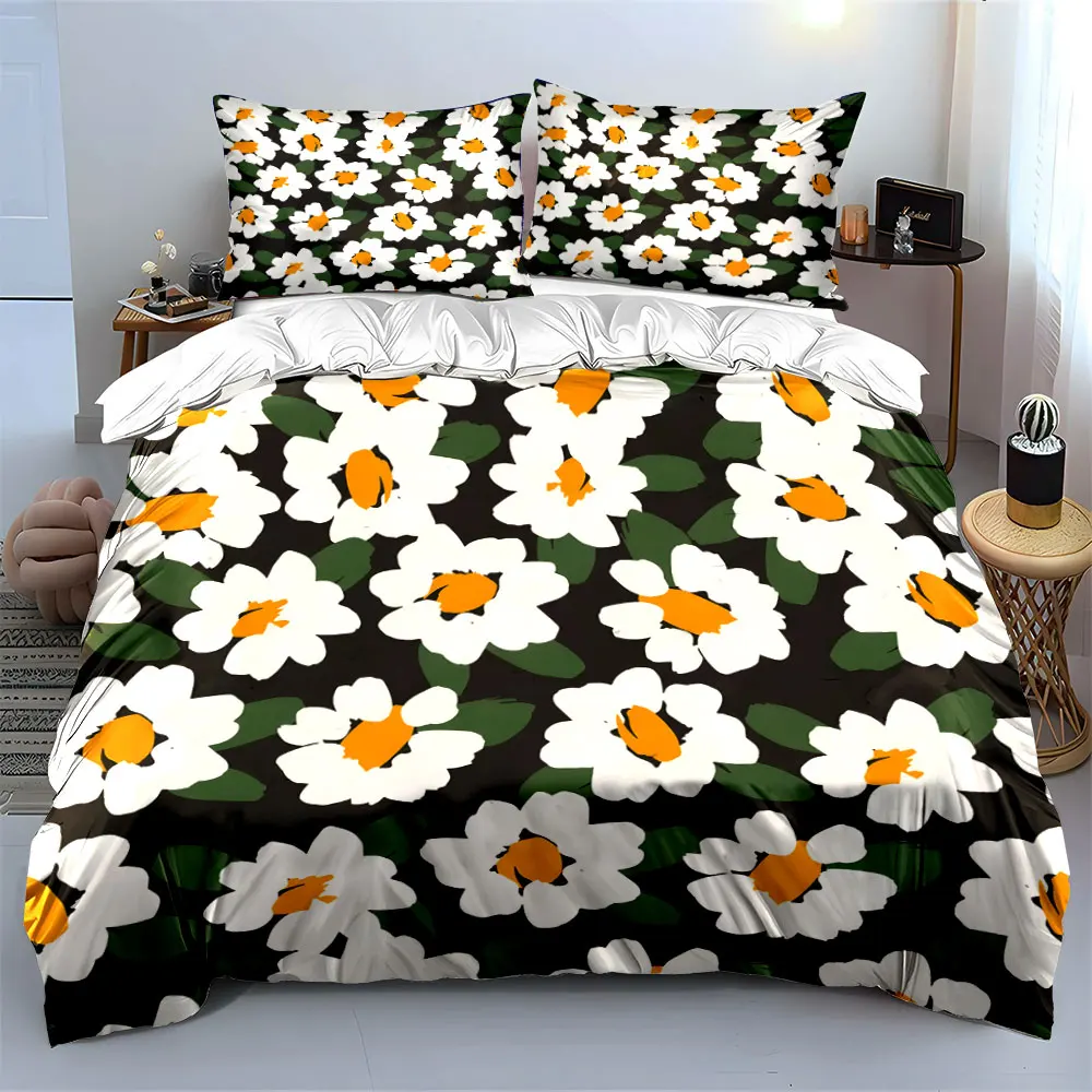 White daisy hand-drawn pattern Print Bedding Set 1 Duvet Cover 2 Pillowcases for Adult and Children Luxury Gift Full Size