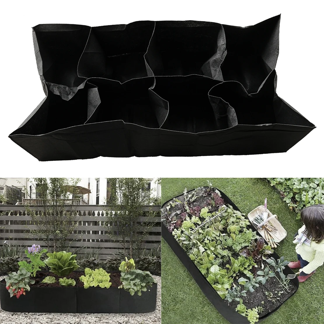 

8 Grids Fabric Raised Bed Garden Flower Grow Bag Black For Vegetables Fruit Pot 216L Breathable Light-transmitting