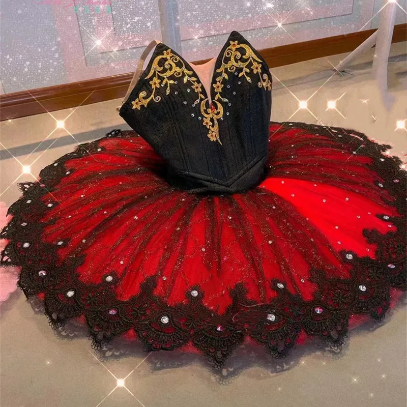 kids-ballet-tutu-skirt-for-stage-performance-don-quixote-style-red-black-gauze-dance-dress-with-hoop-childrens-ballet-costume