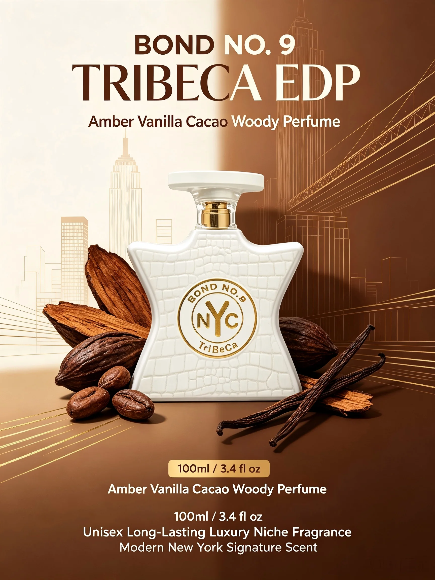 Bond No 9 Tribeca EDP 100ml Unisex Amber Vanilla Cacao Woody Perfume Long Lasting Luxury Niche Fragrance Modern New York Signature Scent Wedding Season Summer Vacation Graduation Date Night July 4th Gift Single Bottle