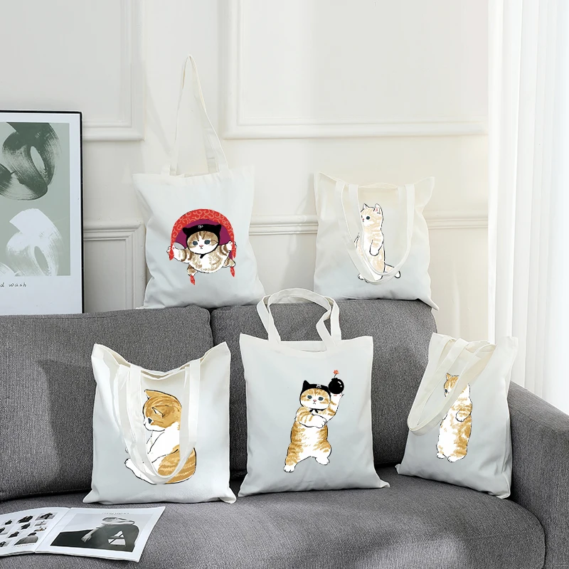 

Cute Cartoon Cat Print Canvas Tote Bag for Cat Lovers, Eco-friendly Shoulder Bag for School, Grocery Store and Everyday Use