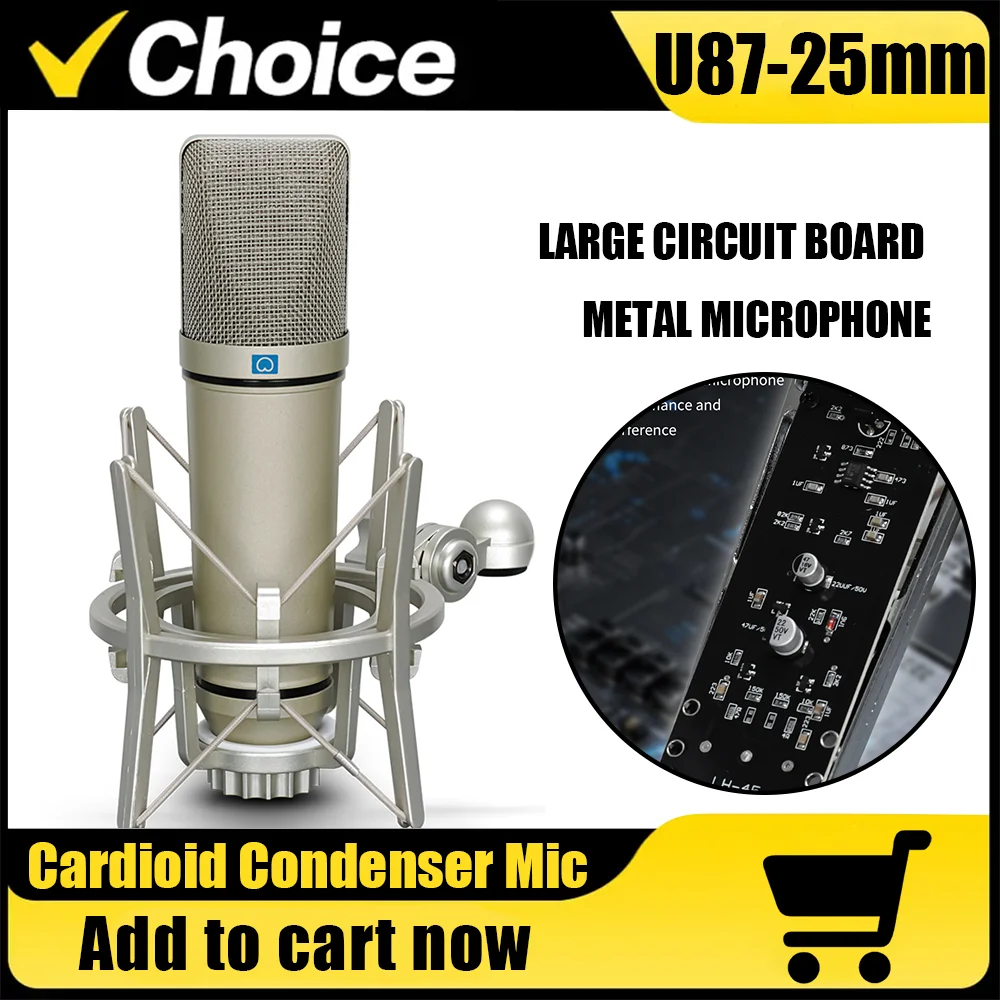 Micrófono condensador de diafragma grande de nivel de estudio U87, micrófono profesional con captación direccional cardioide para ordenador portátil/computadora