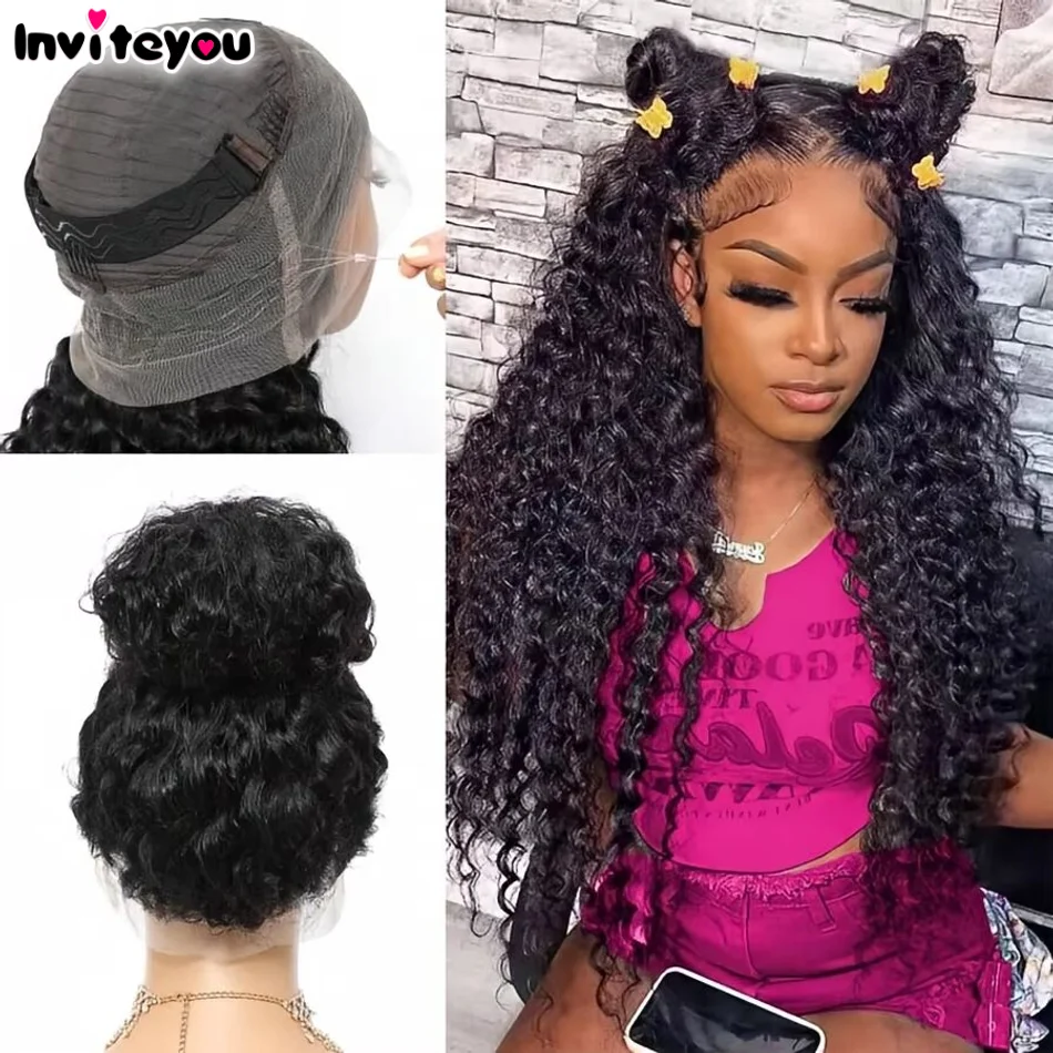 

Glueless 30 inch Drawstring Snug Water Deep Wig 360 Full Lace Front Kinky Curly Wig 250 Density HD Invisi Strap Black Human Hair