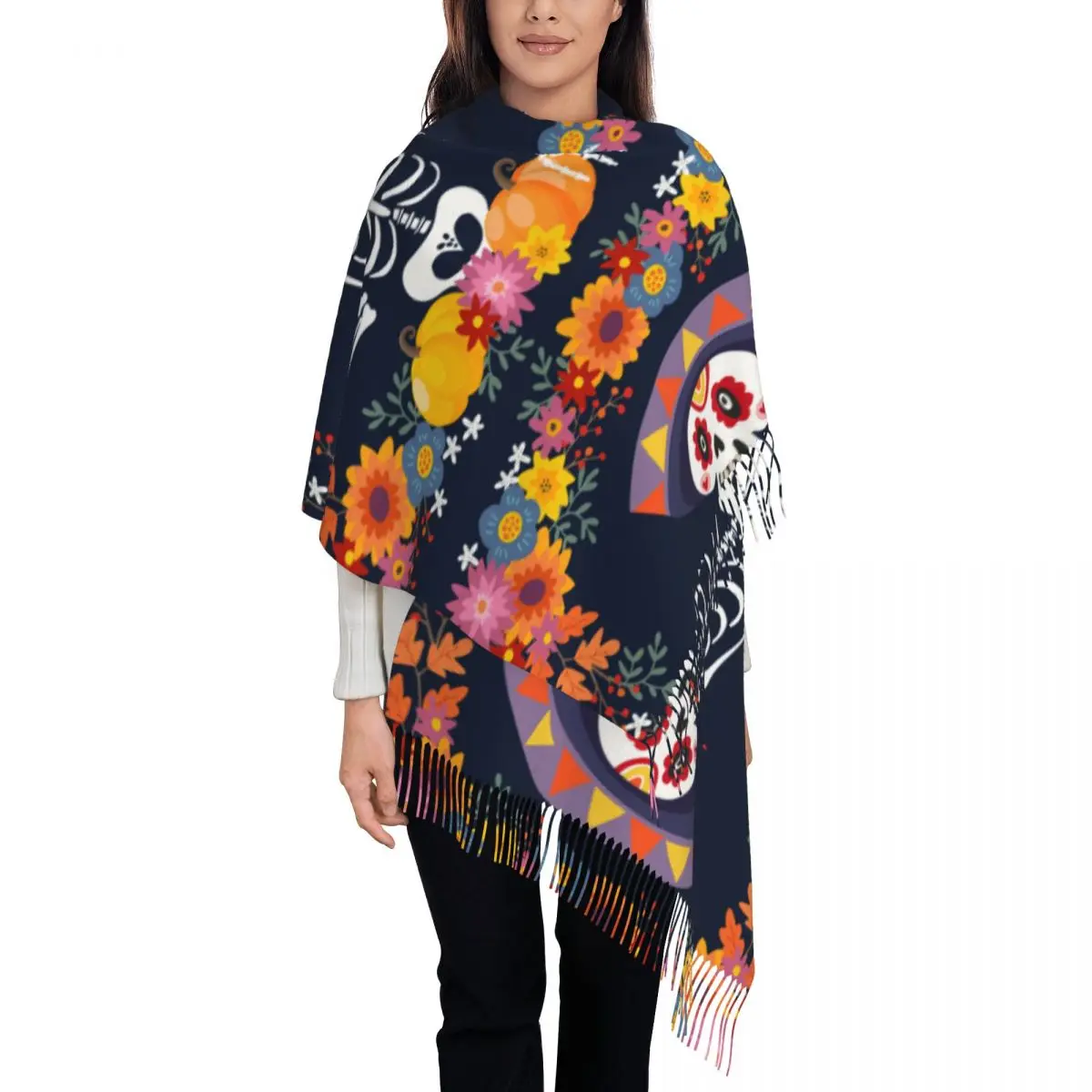 Skeleton Pumpkins And Flowers Women's Tassel Shawl Scarf Fashion Scarf