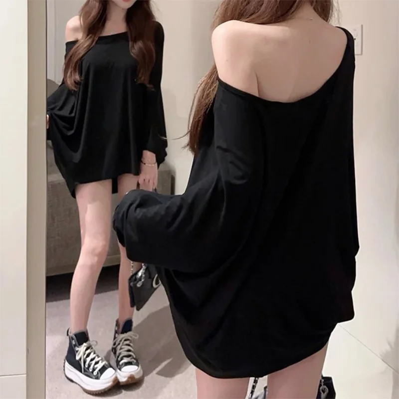 Solid Oversized T-shirt for Women\'s Casual Loose Top Fashion Bat Sleeves Simple Sexy Off Shoulder Korean Baggy T shirts Autumn