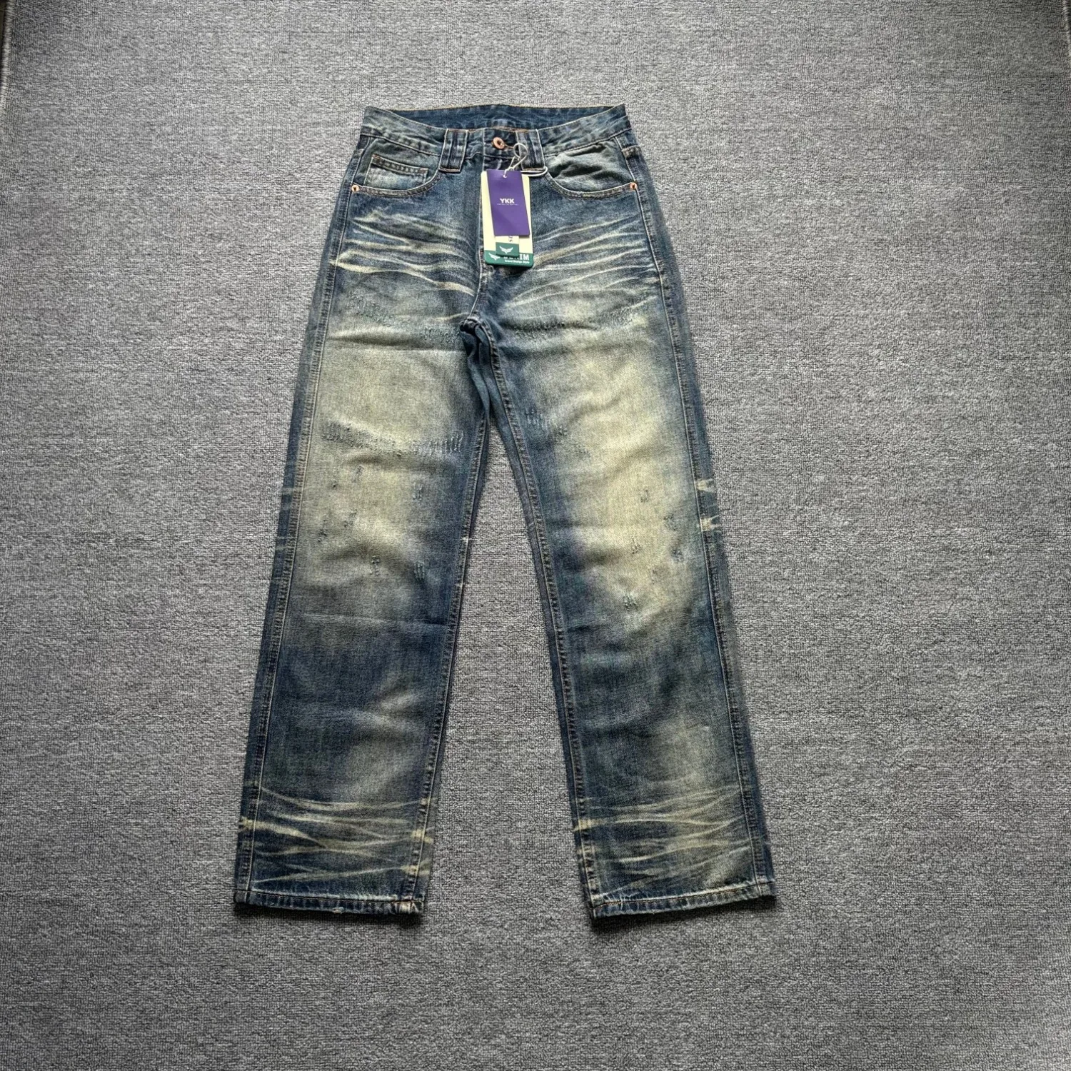 American high street retro splicing raw edge work jeans loose straight wide leg jeans