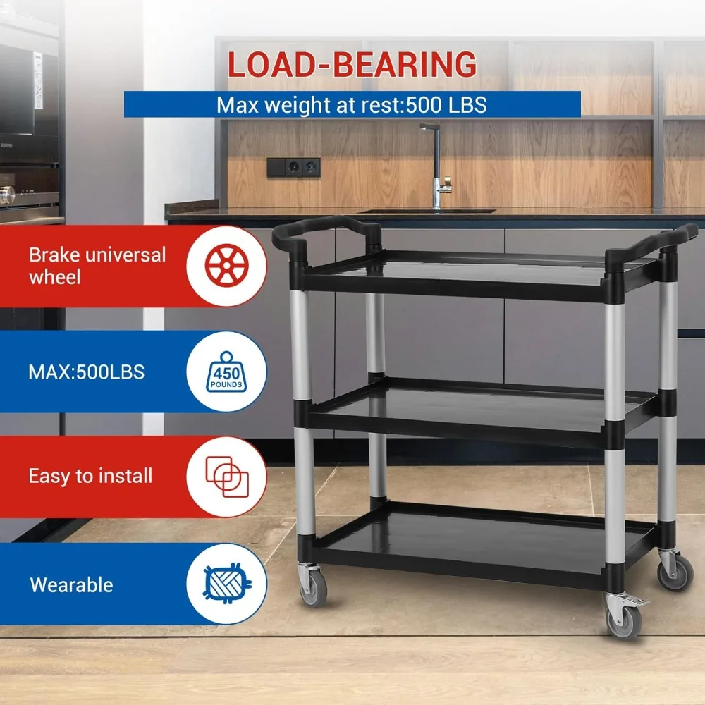 عربة أدوات بلاستيكية شديدة التحمل مكونة من 3 طبقات مع عجلات، مثالية لخدمات الطعام والاستخدام التجاري #3