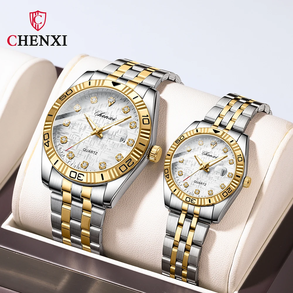 Chenxi relógios para homens e mulheres pulseira de aço à prova dwaterproof água data dele dela relógio de pulso de quartzo high-end relógio de luxo presentes para casais