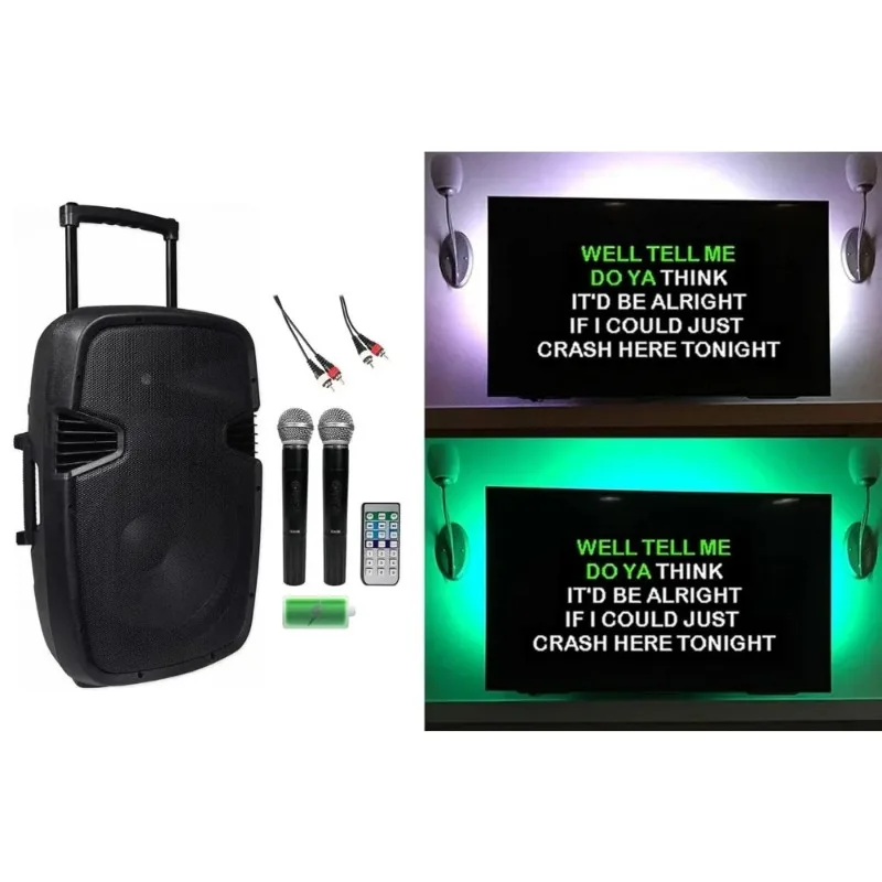 Portable Karaoke Speaker System w/ 2 Wireless Microphones & LED Lights